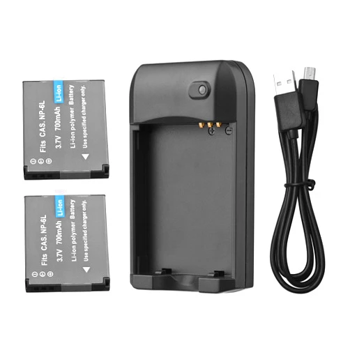 Andoer NP-6L Battery Charger with LED Indicator Light + 2pcs NP-6L Batteries 3.7V 700mAh with USB Charging Cable