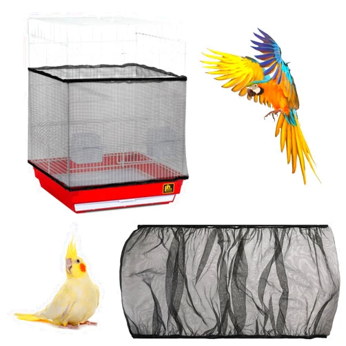 Trinkrittey Adjustable Bird Cage Seed Catcher Bird Cage Net Cover Seed Catcher Elastic Band Mesh Cage Cover Black Bird Cage Net Cover for Parrot Cages