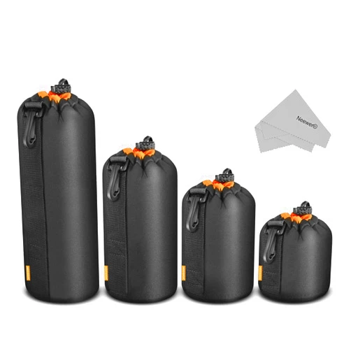 NEEWER Camera Lens Pouch (4 Packs, 4 Sizes) Thick Protective Bag with Drawstring Design, Orange Interior, Soft Plush Neoprene Bag for Sony, Canon, Nikon, Pentax, Olympus, Panasonic DSLR Lens