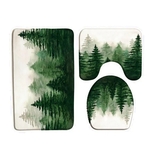 ZNLSU 3 Piece Misty Forest Bath Mat Sets Watercolor Pine Tree Abstract Foggy Jungle Green Rustic Nature Scenery Landscape Bathroom Rug Sets,24