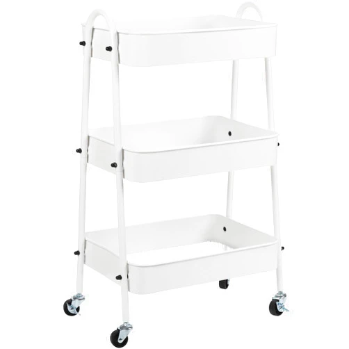 YOHKOH 3-Tier Metal Rolling Utility Cart, Storage Trolley Cart with Mesh Baskets and Lockable Wheels for Bathroom Kitchen Office (White)