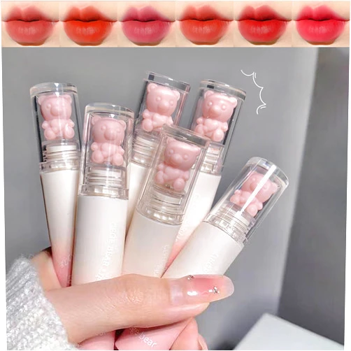 DENESTUP 6pcs Pink Bear Matte Lip Gloss, Cute Bear Liquid Lipstick Lip Stain Long Lasting Waterproof Smooth Lip Gloss Lip Glaze Mud Texture Lightweight High Pigment Color Makeup