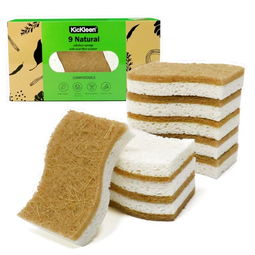 Kickleen 9 Pack Biodegradable Natural Kitchen Sponge - Compostable Cellulose and Coconut Walnut Scrubber Sponge - Eco Friendly Sustainable Sponges for Dishes