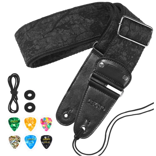 LEKATO Guitar Strap, Anaglyph Embossed Floral Pattern Guitar Straps for Electric Bass Acoustic Guitar 2.5″ Wide Bass Strap Padded Guitar Straps with Picks & Blocks, Cable Fixing, Black