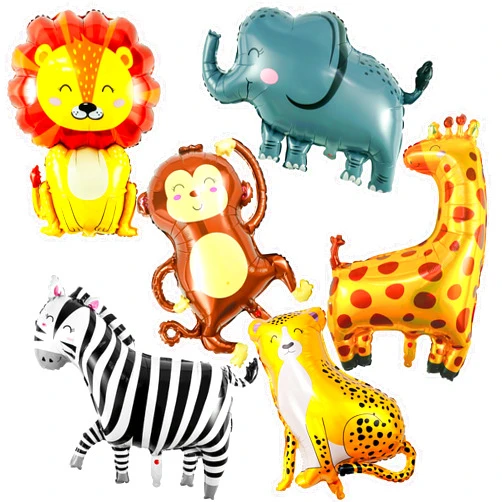 HTangparty 6 Pcs Giant Safari Animal Balloons, Lion Zebra Giraffe Monkey Elephant Leopard Foil Mylar Balloons for Wild One 1st Birthday Party Decorations, Jungle Zoo Theme Baby Shower Supplies