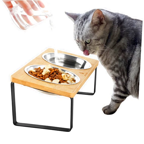 Sunhoo Cat Food Bowl Raised Cats Bowls Elevated Tilted Puppy Dish 5.7 inch Anti-Vomiting Pet Bowl Stand Lifted Double Stainless Steel Dishes Whisker Relief Kitty Feeder with 15°Angled