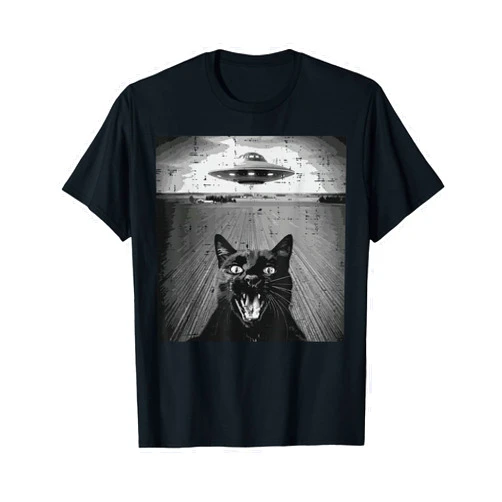 Cat Shirts For Men Women Girls Kids Gift Black Cat UFO Selfie Funny Meme Kitten Alien Men Women Kids T-Shirt