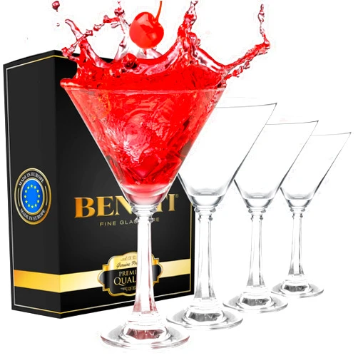 BENETI Tall Martini Glasses Set of 4 | Made in Europe | 11oz Long Stem Crystal Cocktail Bar Glasses | Perfect Wedding, Christmas, Holiday, or Birthday Gift for Men & Women of All Ages