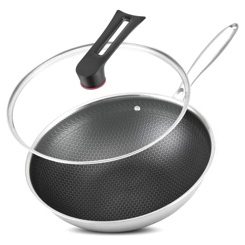 Vegoran 12 inch Wok Pan,Stainless Steel Stir-fry Wok, Non Stick Honeycomb Skillet with Handle - PFOA Free (12