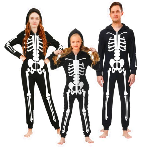 Pukdaswr Family Matching Halloween Pajamas Funny Skeleton Printed Hooded Zipper PJs Halloween Cosplay Costume for Men/Women/Kids