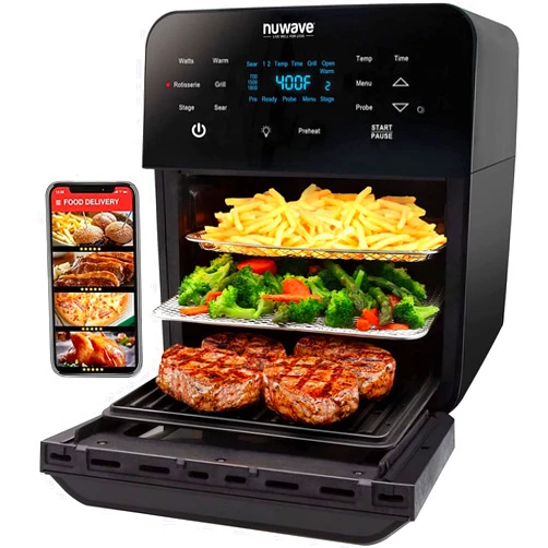 Nuwave Brio Air Fryer Oven, 15.5Qt X-Large Family Size, SS Rotisserie Basket &Skewer-Kit, Reversible Ultra Non-Stick Grill/Griddle Plate, Powerful 1800W, Integrated Smart Thermometer,Black