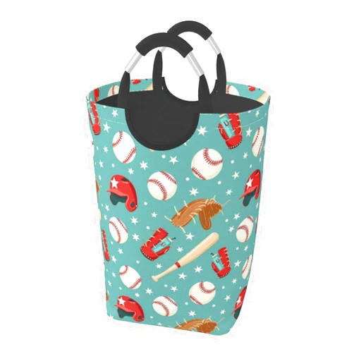 Nuzjahu Balls Gloves Bat Helmet Print Large Laundry Basket Collapsible Waterproof Laundry Hamper With Aluminum Handle Can Stand Upright Dirty Clothes Bin Easy Storage - 50L