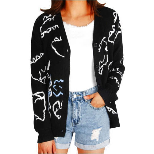 ebossy Women's Cartoon Dinosaur Button Cardigans Cute Slouchy Jacquard Knit Long Sleeve Open Sweater Coat