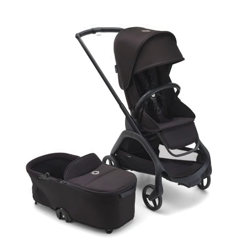 Bugaboo Dragonfly City Stroller with Full-Size Baby Bassinet and Toddler Seat, One Hand Easy Fold in Any Position, Full Suspension, Large Basket, Black Chassis and Midnight Black Sun Canopy