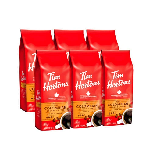 Tim Hortons Colombian, Medium-Dark Roast Ground Coffee, Perfectly Balanced, Always Smooth, Made with 100% Arabica Beans, 12 Ounce (Pack of 6)