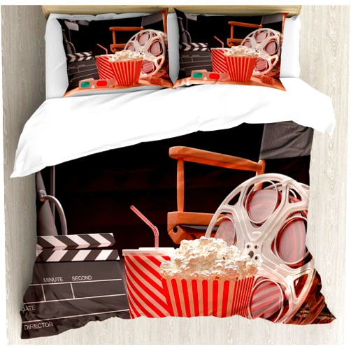 Ambesonne Movie Theater Duvet Cover Set, Objects of The Film Industry Hollywood Motion Picture Cinematography Concept, Decorative 3 Piece Bedding Set with 2 Pillow Shams, Queen Size, Red Black
