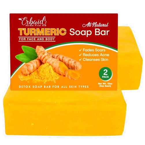 Erbaid Natural Turmeric Soap Bar for Face & Body – Turmeric Skin Brightening Soap for Dark Spots, Intimate Areas, Underarms – Turmeric Face Wash Reduces Acne – 5oz Turmeric Bar Made in USA (2 Pack)