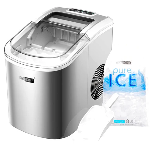 VIVOHOME Electric Portable Compact Countertop Automatic Ice Cube Maker Machine with Hand Scoop 10 Ice Bags and Self Cleaning Function 27lbs/Day Silver