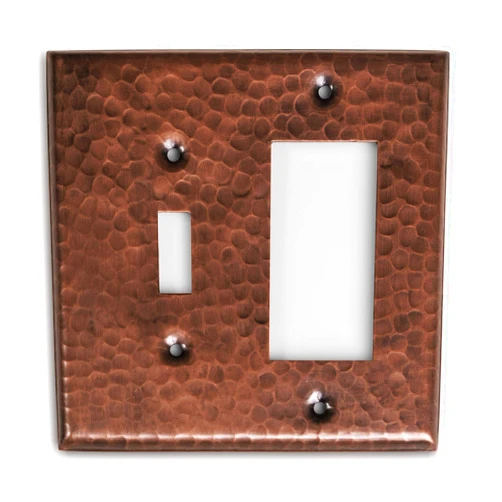 Monarch Abode 17011 Double Switch Hand Hammered Toggle Rocker Combination Decorative Wall Plate Switch Plate Outlet Cover, 2-Gang, Pure Copper