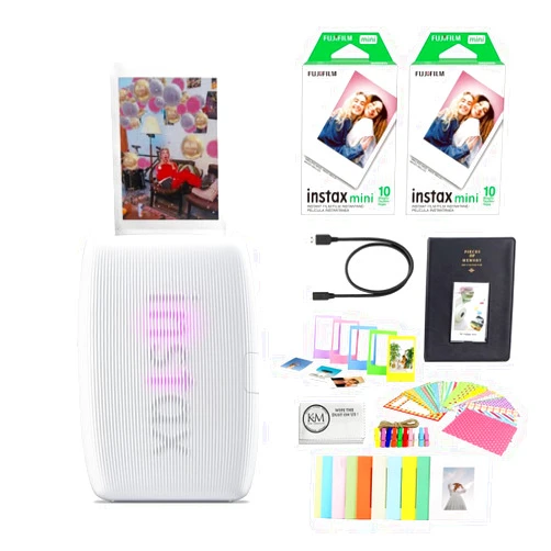 Fujifilm INSTAX Mini Link 3 Smartphone Printer | Clay White Bundled with INSTAX Mini Instant Film | 20 Exposures + Instax Mini Album, Borders, Stickers & Clips + Microfiber Cleaning Cloth (4 Items)