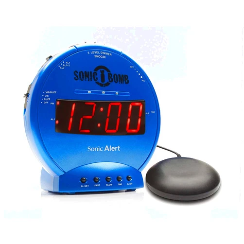 Sonic Alert Sonic Bomb Dual Alarm Clock with Bed Shaker, Blue Vibrating Alarm Clock Heavy Sleepers, Battery Backup | Wake with a Shake