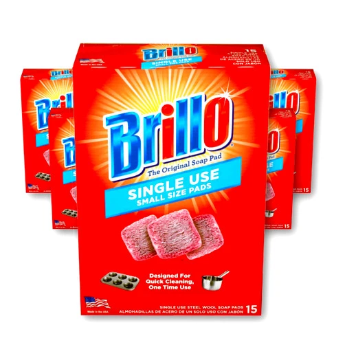 Brillo Single Use Steel Wool Soap Pads, Smaller Size Original Red Scent, 15 Count (Singles, 15 Count (Pack of 4))