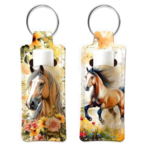 2pcs Horse Pattern Lipstick Holder Keychain Lip Balm Holders Elastic Diving Fabric Keychains Portable Bags and Sleeve Key Ring for Lipstick and Chapstick