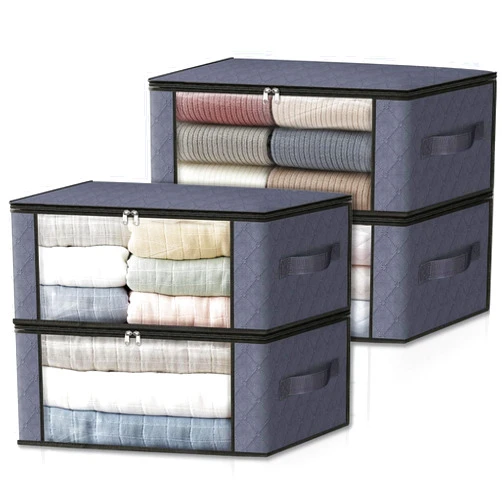 HomeHacks Storage 4-Pack Clothes Organizer Storage Bags Foldable Storage Box with Large Clear Window Sturdy Handles for Closet, Dorm, Pillows, Bedding, Clothes, Stuffed Toys, Blankets, Grey