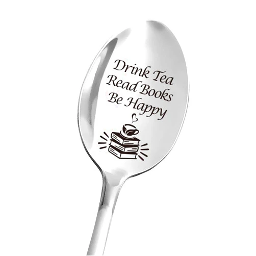 Aakihi Funny Tea Spoon Engraved Stainless Steel for Tea Lovers Women Men - Cute Drink Tea Read Books Be Happy Spoon - Best for Daughter Son Friends Coworkers - Perfect for Valentine/Christmas
