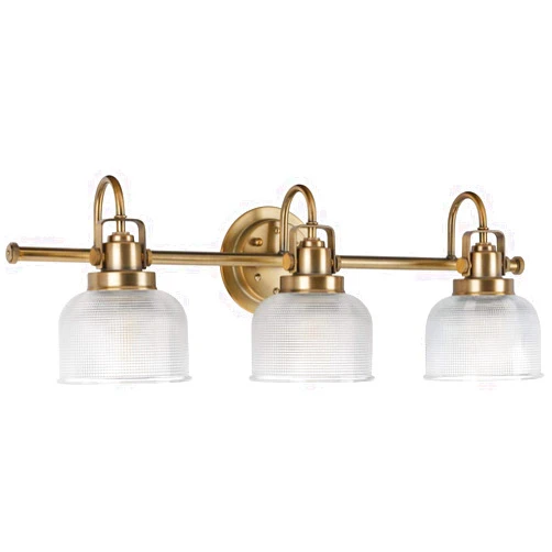 Progress Lighting Archie Collection 3-Light Clear Double Prismatic Glass Coastal Bath Vanity Light Vintage Brass