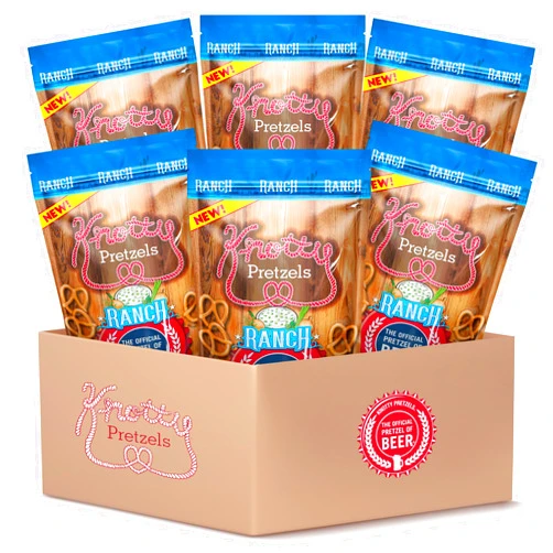 Knotty Pretzels “The Official Pretzel of Beer” 7.5 oz Individual Seasoned Pretzels in Resealable Pretzel Snack Bags, The Perfect Pairing for Beer, Ranch Flavor (6-Pack)