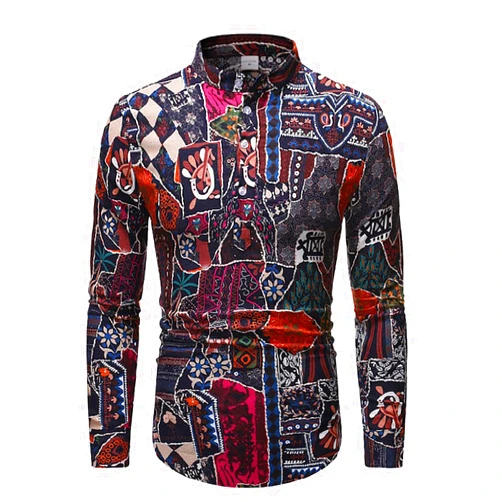 Generic Mens 70s Disco Linen Shirts Casual Paisley Tops Floral Vintage Long Sleeve Shirt Paisley Cotton Long Sleeve Shirt