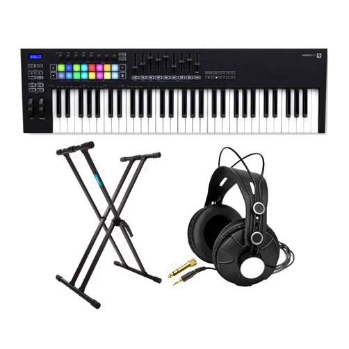 Novation Launchkey MK3 61-Key USB MIDI Keyboard Controller Bundle with Studio Headphones and Keyboard Stand (3 Items)