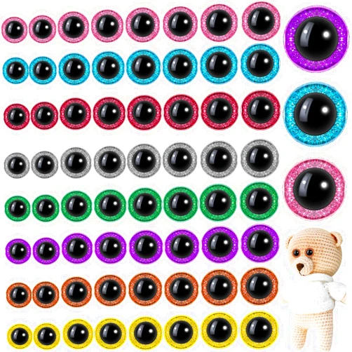 Gejoy 128 Pieces 8 Colors Plastic Safety Eyes Glitter Doll Stuffed Animal Amigurumi Eyes Round Craft Domed Button for Doll Bear Puppet Toy Plush Animal DIY Craft