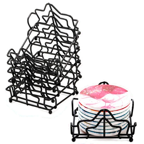 SOUJOY 6 Pack Metal Coaster Holder, 4.7 Inch Coaster Storage Stand for Both Round and Square Coaster, Black Vintage Mountain Design Coaster Caddy Rack, Hold Up to 9 Coaster