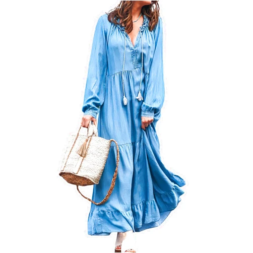 chouyatou Women's Spring Long Sleeeve Tiered Denim Dress Summer Flowy A-Line Maxi Long Tunic Dress