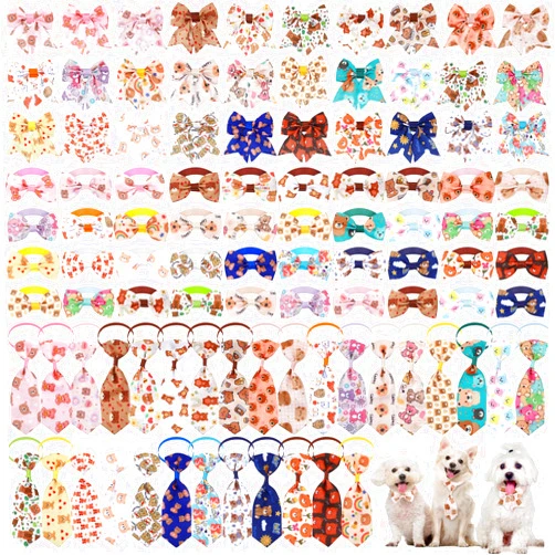 Reginary 100 Pieces Dog Bow Tie Collar Set Include 30 Pcs Dog Neckties, 30 Pcs Collar Flowers and 40 Pcs Dog Bow Ties, Adjustable Dog Bows for Small Medium Dogs Supply (Bear Pattern)