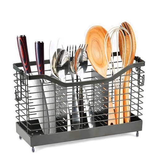 IWNTWY Large Utensil Holder for Kitchen Counter, Black Metal Utensil Drying Rack with 3 Compartments for Kitchen Countertop, Cooking Tools Spatula Silverware Cutlery Organizer