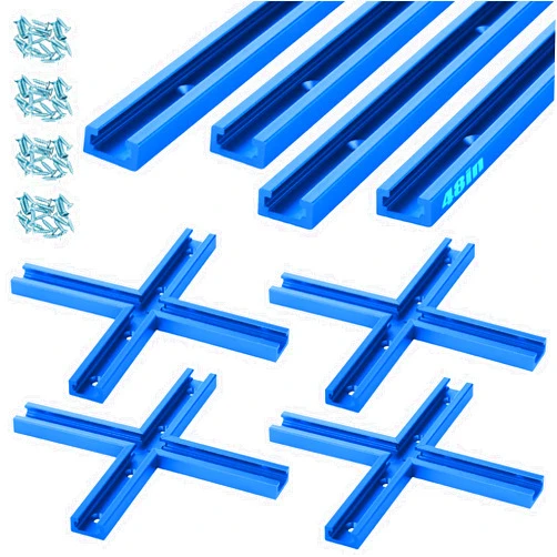 Zonon 4 Set 48'' T Track for Woodworking and T Track Intersection Kit with Predrilled Mounting Holes Wood Screw Double Cut Profile Universal T Track Accessory Aluminum T Rail Track Woodworking Tool