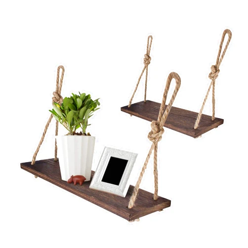 Yankario Rope Hanging Floating Shelves, Rustic Wood Wall Decor Swing Shelf with 4 Hooks, Pack of 2