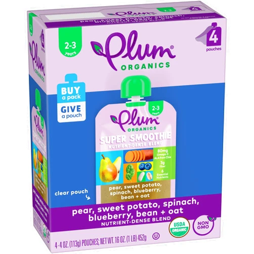 Plum Organics Super Smoothie Organic Toddler Food - Pear, Sweet Potato, Spinach, Blueberry, Bean, and Oat - 4 oz (Pack of 4)