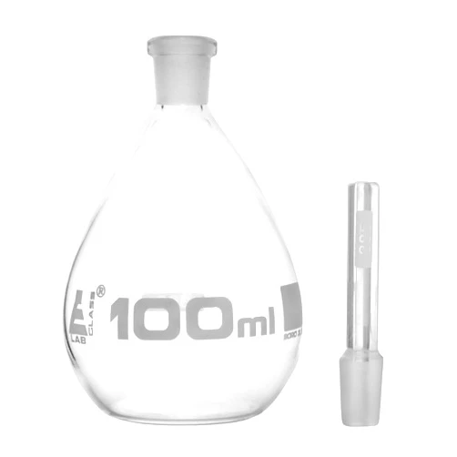 EISCO Pycnometer, Calibrated, 100mL - Specific Gravity Bottle with Flat Bottom & Perforated Stopper - Borosilicate 3.3 Glass