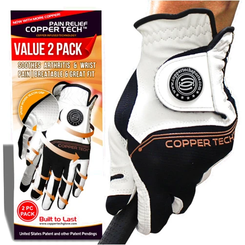 Copper Tech Golf Gloves Men Right Handed Golfer Or Left Handed Golfer (2 Pack)| Copper Compression Joint Support | Flexible & Comfortable Fit with AAA Leather | Tacky Grip Reinforced Palm Pad