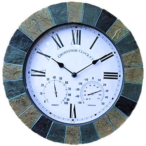 CHLDDHC Outdoor Garden Wall Clock, 14 Inch Large Retro Resin Garden Clock with Thermometer and Hygrometer Waterproof Outdoor Clock Indoor Outdoor Decoration Mute Quartz Outside Clock Earth