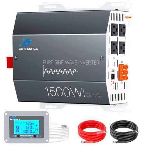 ZETAWALE 1500 Watt Pure Sine Wave Inverter 12v DC to 110v 120v AC Converter,3000W Peak Power Inverter with 4 AC Outlets,USB Port,Type-C,Remote Control LCD Display for Truck, RV, Vehicles, Solar Off-Grid