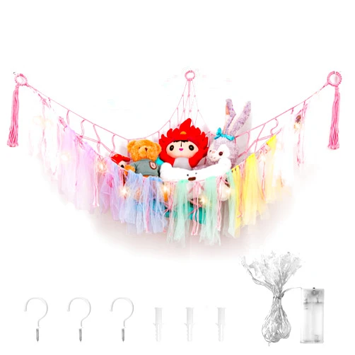 SFFRY Stuffed Animals Net or Hammock with Star Light, Toy Hammock Hanging Stuffed Animals Storage Organizer Holder Room Decor with Tassels for Nursery Play Room Kids Bedroom