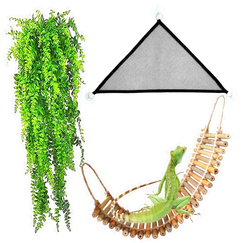 kathson Reptile Bridge for Terrarium,Bearded Dragon Wooden Bridges Gecko Hammock with Hanging Plants Lizard Lounger Bamboo Ladder Reptiles Tank Accessories Climbing for Chameleons Geckos Snakes (3Pcs)