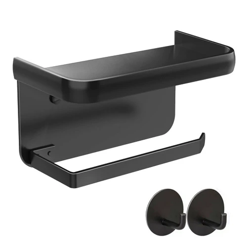 SVOPY Toilet Paper Holder with Shelf- SVOPY Adhesive Toilet Paper Holder SUS 304 Stainless Steel, Black Toilet Paper Holder, Toilet Paper Roll Holder or Wall-Mount with Screws for Bathroom (Small)