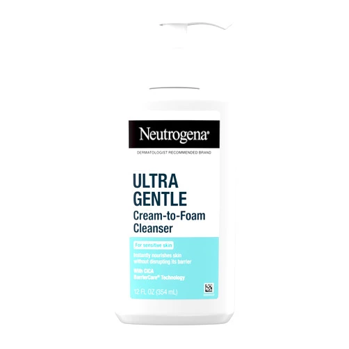 Neutrogena Ultra Gentle Cream-to-Foam Facial Cleanser, Transforms from a Creamy Cleanser to a Foaming Face Wash for Sensitive Skin, Fragrance-Free, Hypoallergenic, Non-Comedogenic, 12 oz