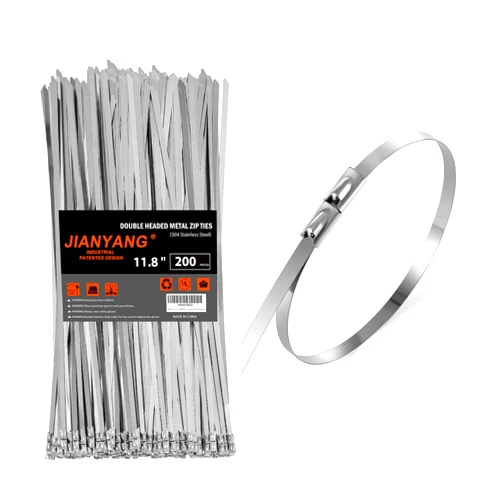 JIANYANG Metal Zip Ties (200PCS 11.8 Inch), 304 Stainless Steel, 300 LBS Heavy Duty Double Headed Self-locking Multi-Purpose Cable Ties for Exhaust Wrap, Chain Link Fence Parts, Machinery, Cables, Farms, Roofs